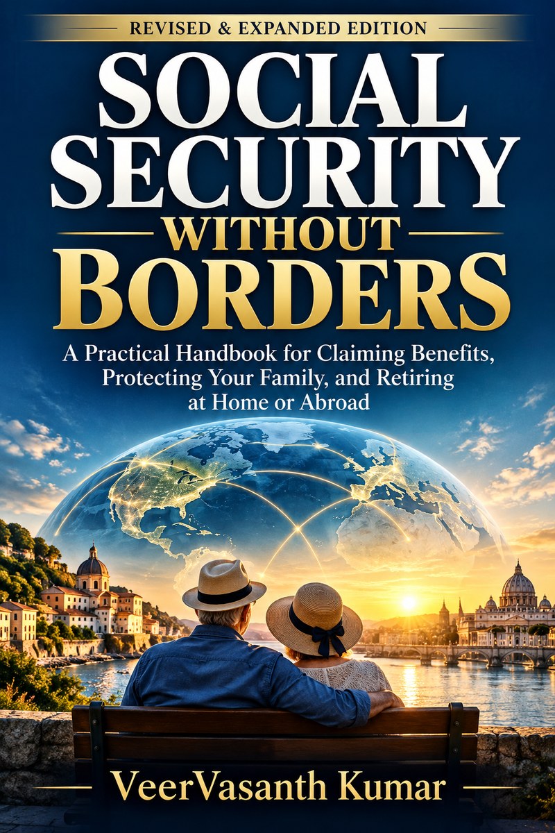 Cover of Social Security Without Borders by VeerVasanth Kumar: a retired couple on a bench watching the sunset over a seaside town, with a glowing globe above.